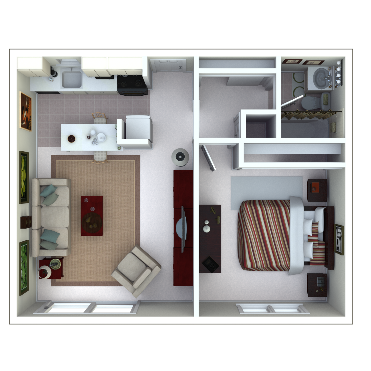 Floor plan for 1 bed, 1 bath, 675 sqft